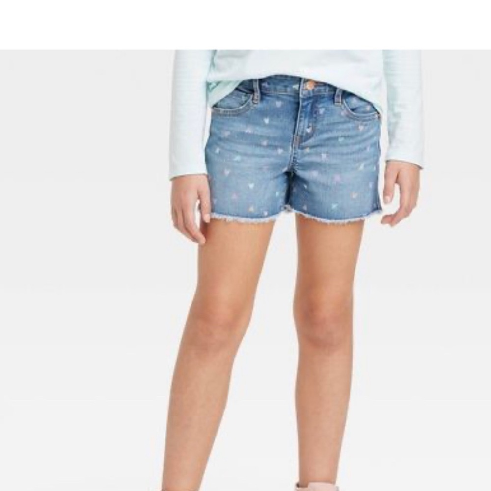 Girls' Heart Printed Jean Shorts - Cat & Jack™ Medium Wash - Picture 2 of 10